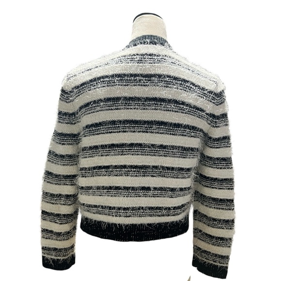 Calvin Klein Black White Striped Open Front Fuzzy Cardigan Sweater Size Medium - Picture 2 of 9